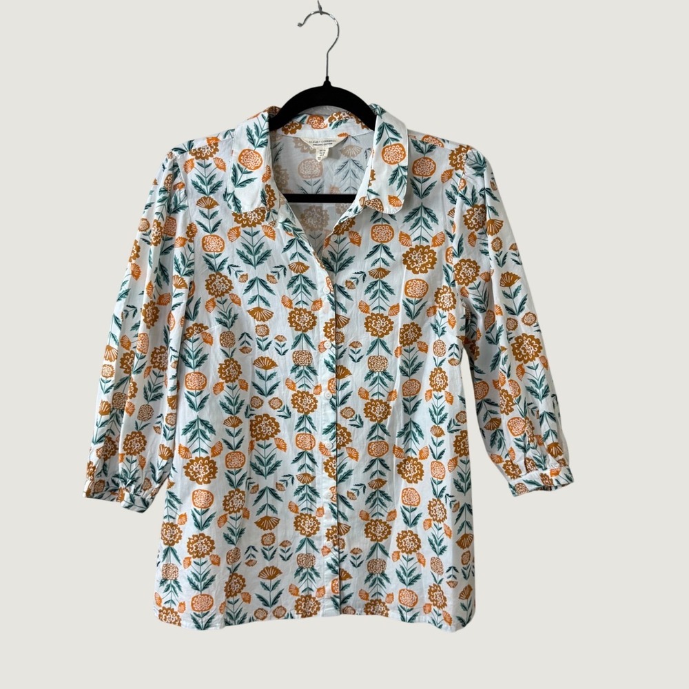 Seasalt Cornwall Hope Cottage Organic Cotton Top Floral White Orange Size 6 Fall